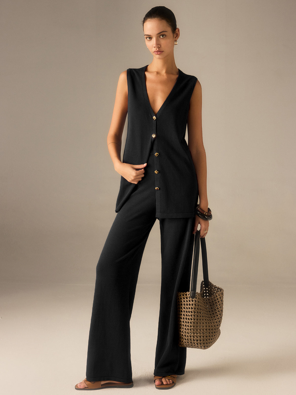 Two Piece Sets Women – Golden Button Knit Vest & Pants | Matching Set