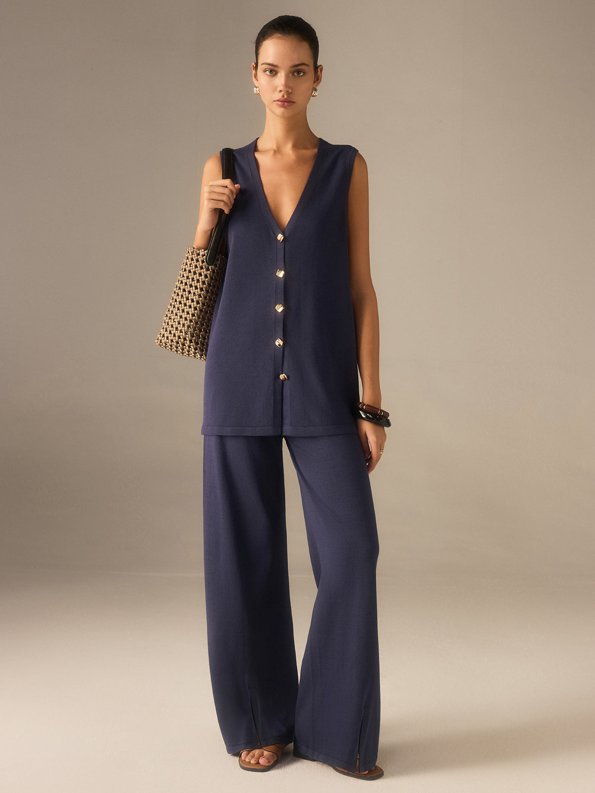 Two Piece Sets Women – Golden Button Knit Vest & Pants | Matching Set