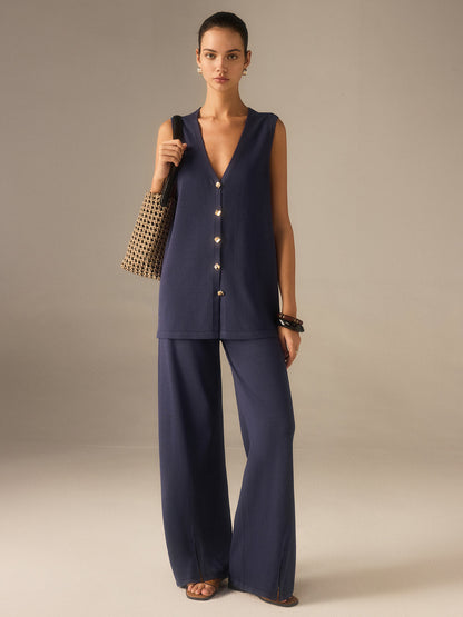 Two Piece Sets Women – Golden Button Knit Vest & Pants | Matching Set