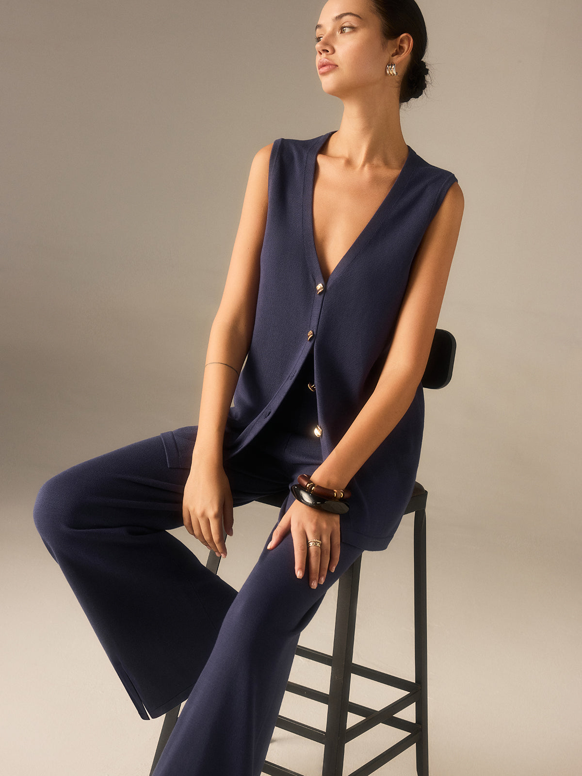 Two Piece Sets Women – Golden Button Knit Vest & Pants | Matching Set