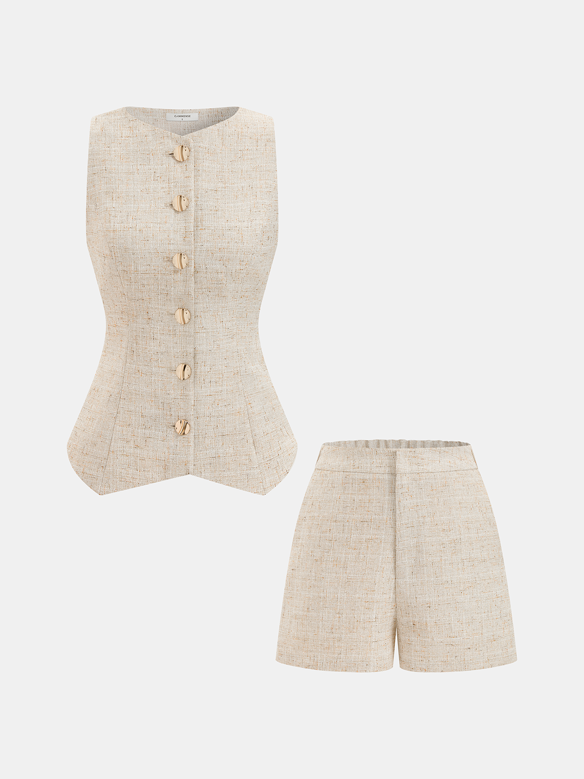 Two Piece Sets Women – Tweed Buttoned Vest & Mini Shorts Set