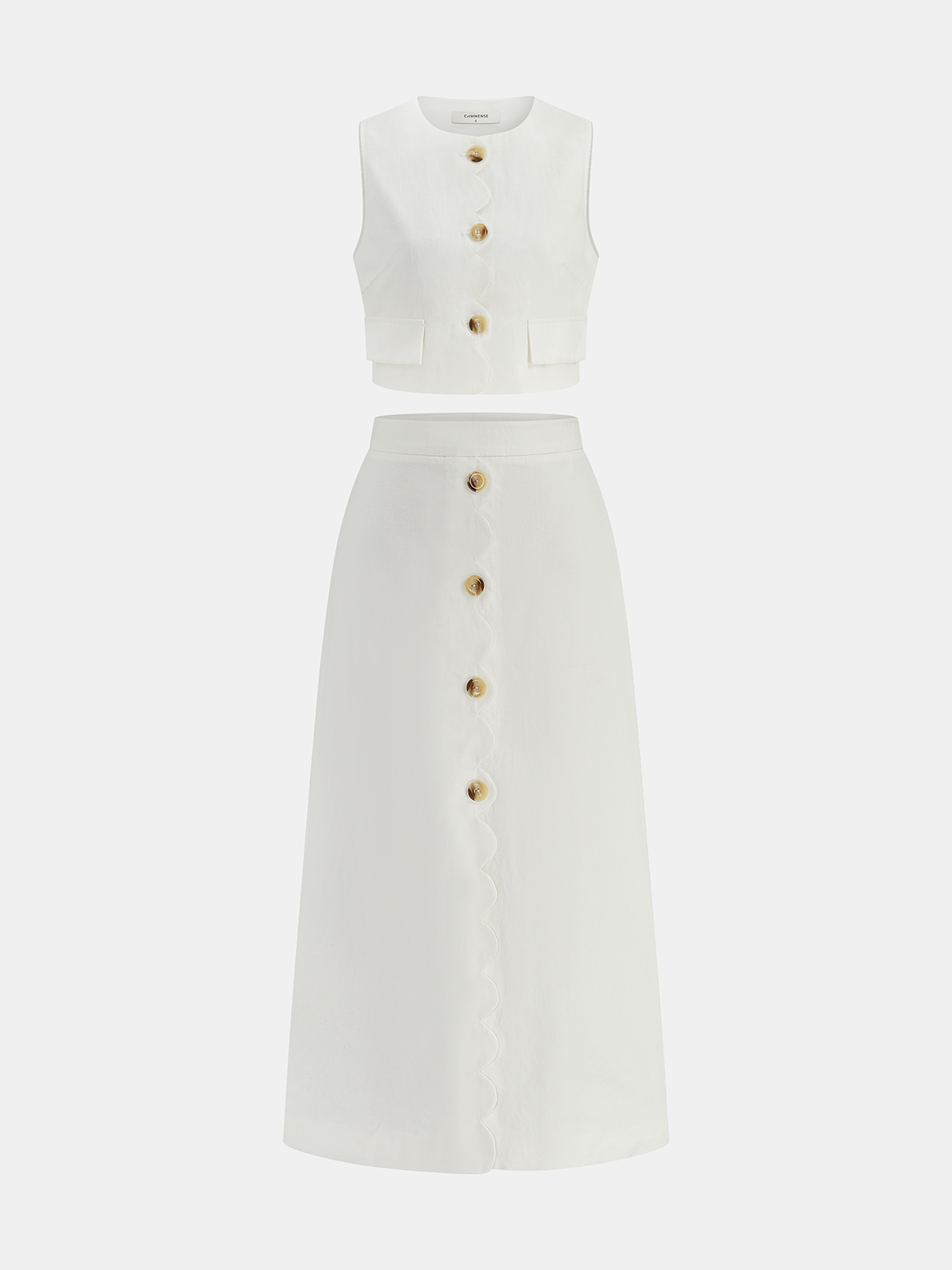 Two Piece Skirt Set – Cotton Linen Scallop Trim Vest & Skirt | Matching Set