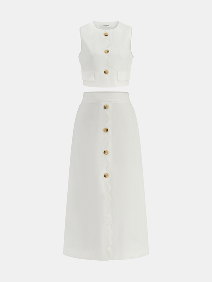 Two Piece Skirt Set – Cotton Linen Scallop Trim Vest & Skirt | Matching Set