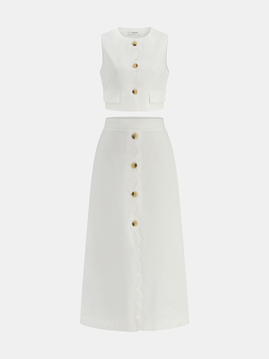 Two Piece Skirt Set – Cotton Linen Scallop Trim Vest & Skirt | Matching Set