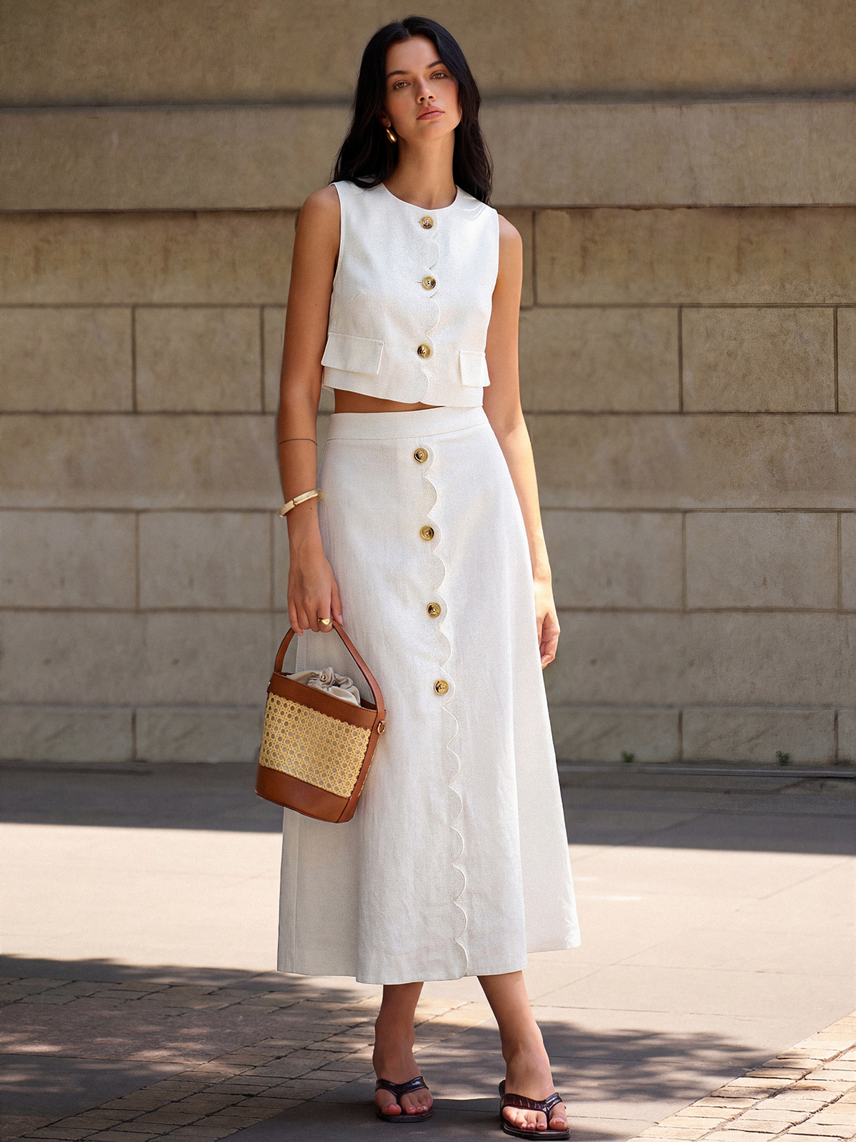 Two Piece Skirt Set – Cotton Linen Scallop Trim Vest & Skirt | Matching Set
