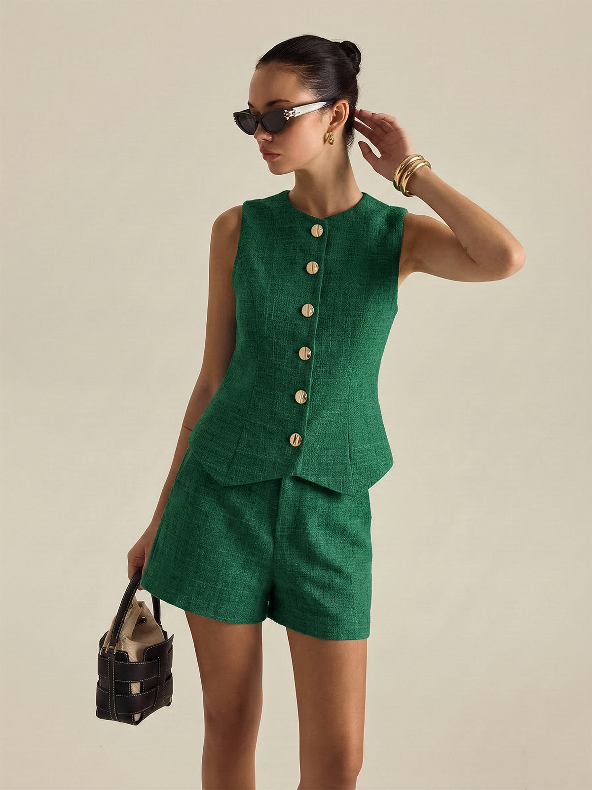 Two Piece Sets Women – Tweed Buttoned Vest & Mini Shorts Set