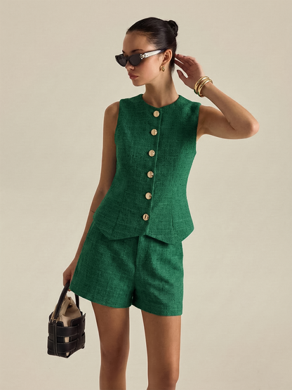 Two Piece Sets Women – Tweed Buttoned Vest & Mini Shorts Set