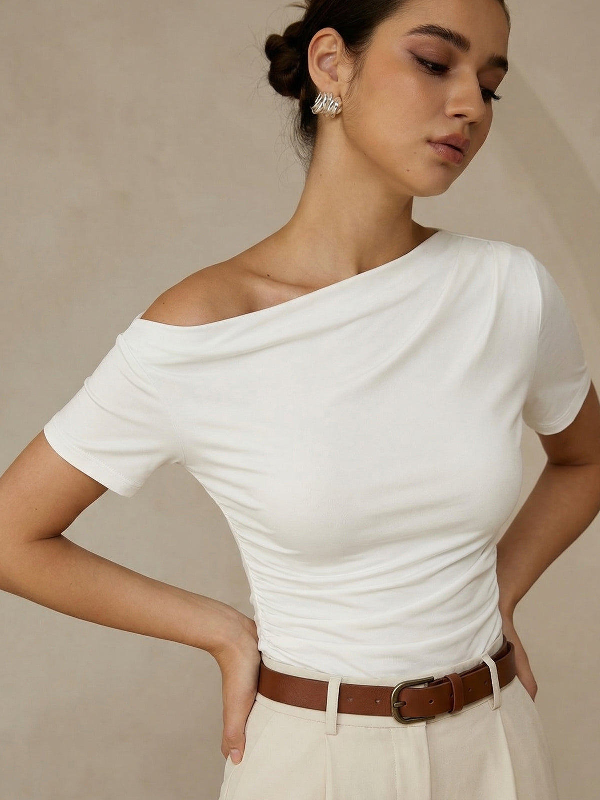 Crop Top Women – Ruched Off Shoulder Short Sleeve Top