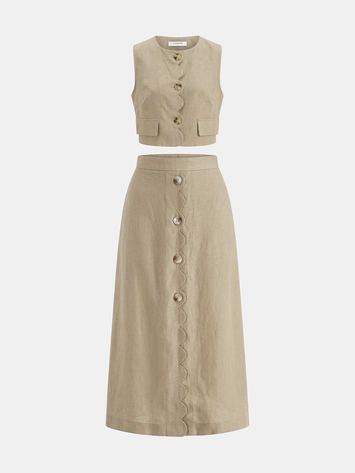 Two Piece Skirt Set – Cotton Linen Scallop Trim Vest & Skirt | Matching Set