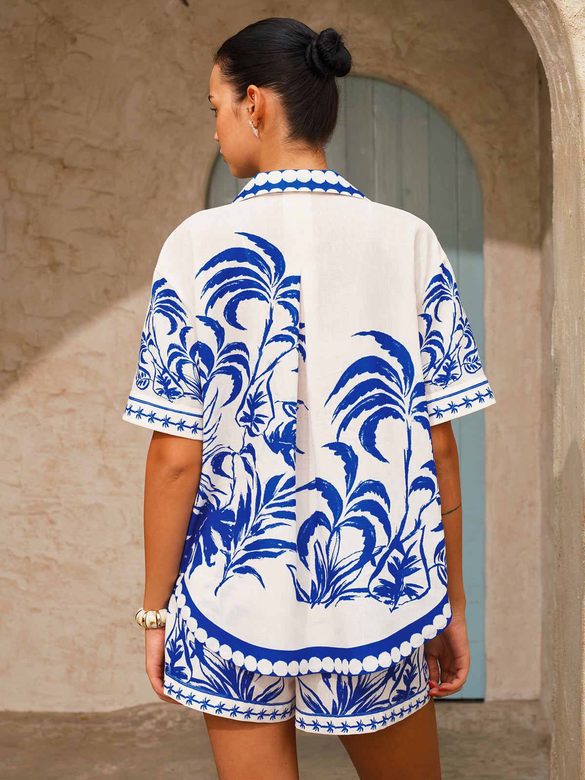 Shorts Sets Women – Palm Tree Print Shirt & Drawstring Shorts | Two Piece Set