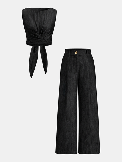 Two Piece Sets Women – Cross-Tie Crop Top & Wide Leg Pants | Matching Set