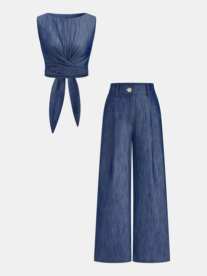 Two Piece Sets Women – Cross-Tie Crop Top & Wide Leg Pants | Matching Set