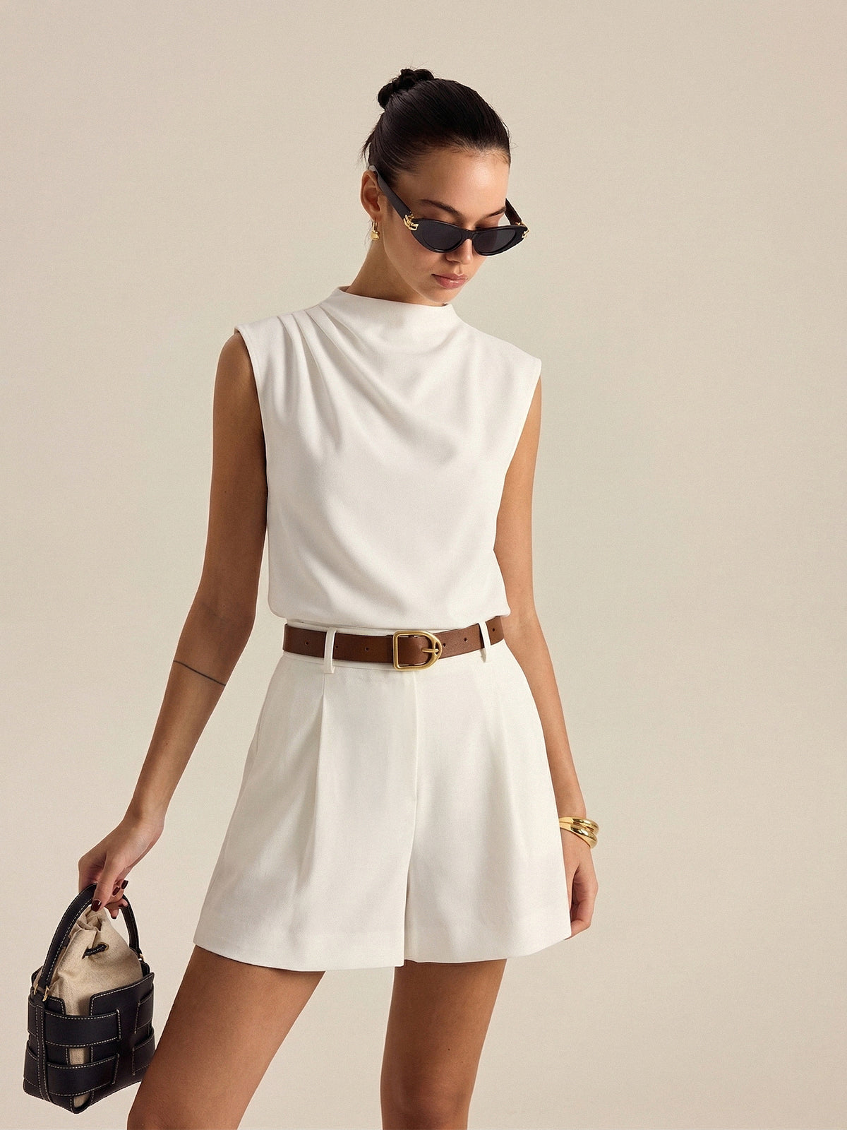 Shorts Sets Women – Draped Sleeveless Top & Belted Shorts | Two Piece Set