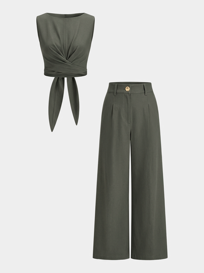 Two Piece Sets Women – Cross-Tie Crop Top & Wide Leg Pants | Matching Set