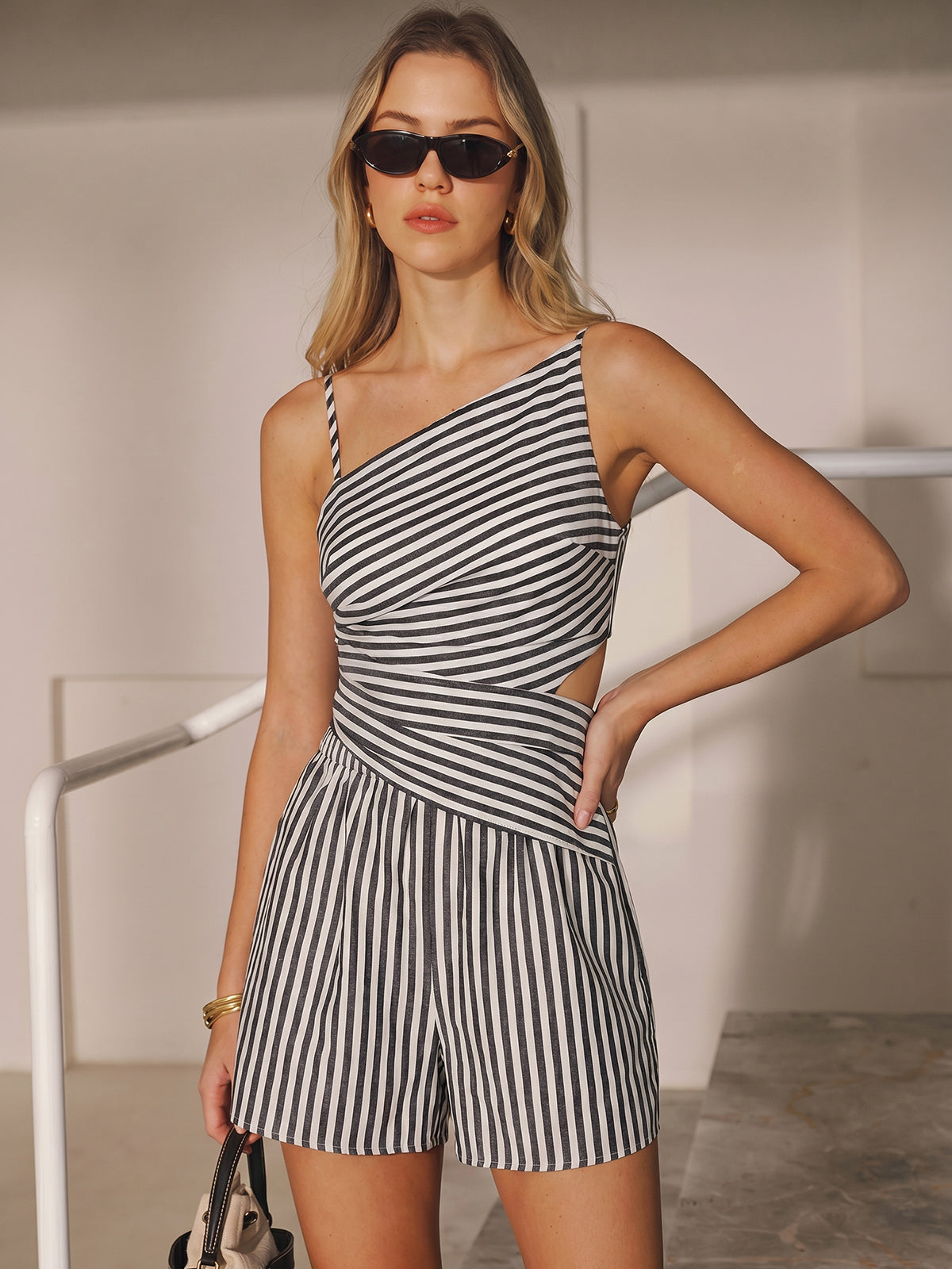 Shorts Sets Women – Striped Cotton Cutout Top & Shorts | Two Piece Set