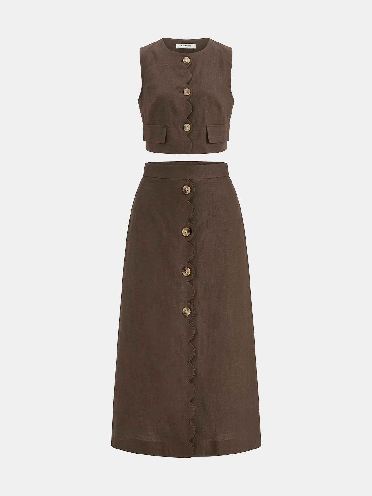 Two Piece Skirt Set – Cotton Linen Scallop Trim Vest & Skirt | Matching Set