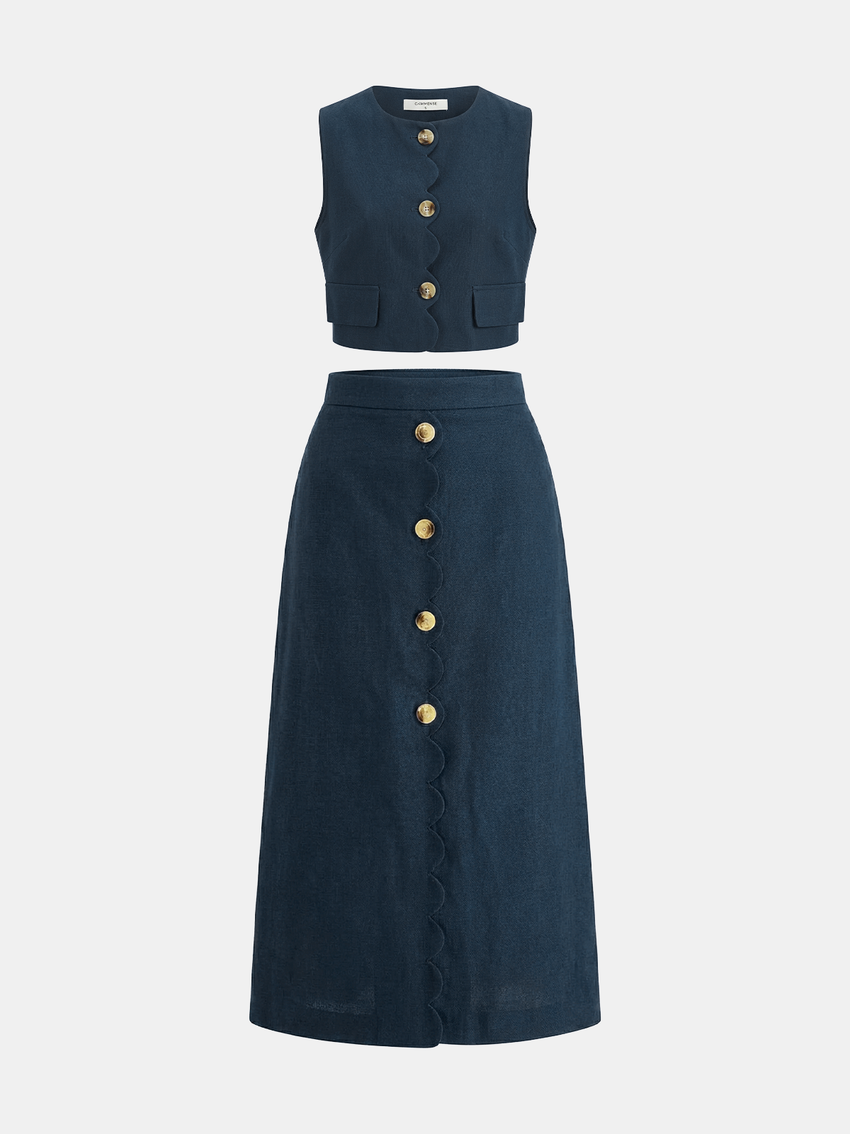 Two Piece Skirt Set – Cotton Linen Scallop Trim Vest & Skirt | Matching Set