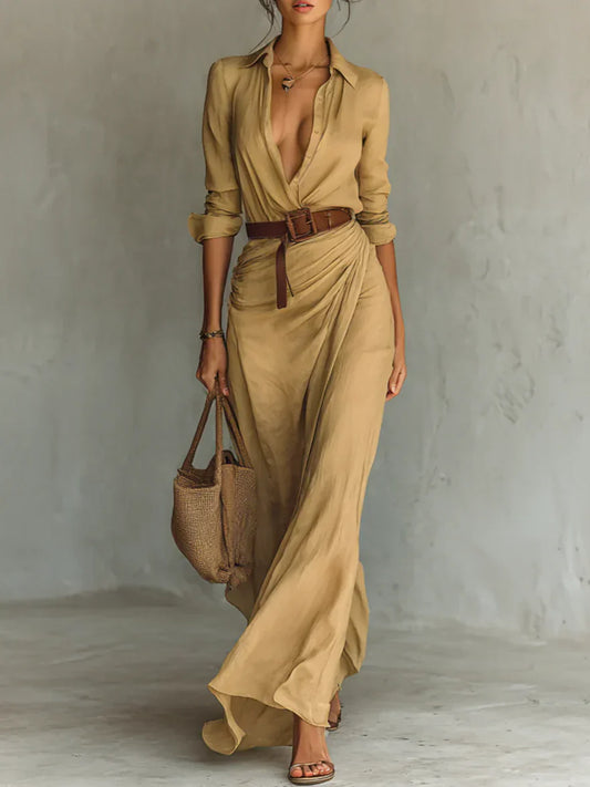 Long Sleeve Maxi Dress | Shirt Dresses for Women - Belted Shirt Dress