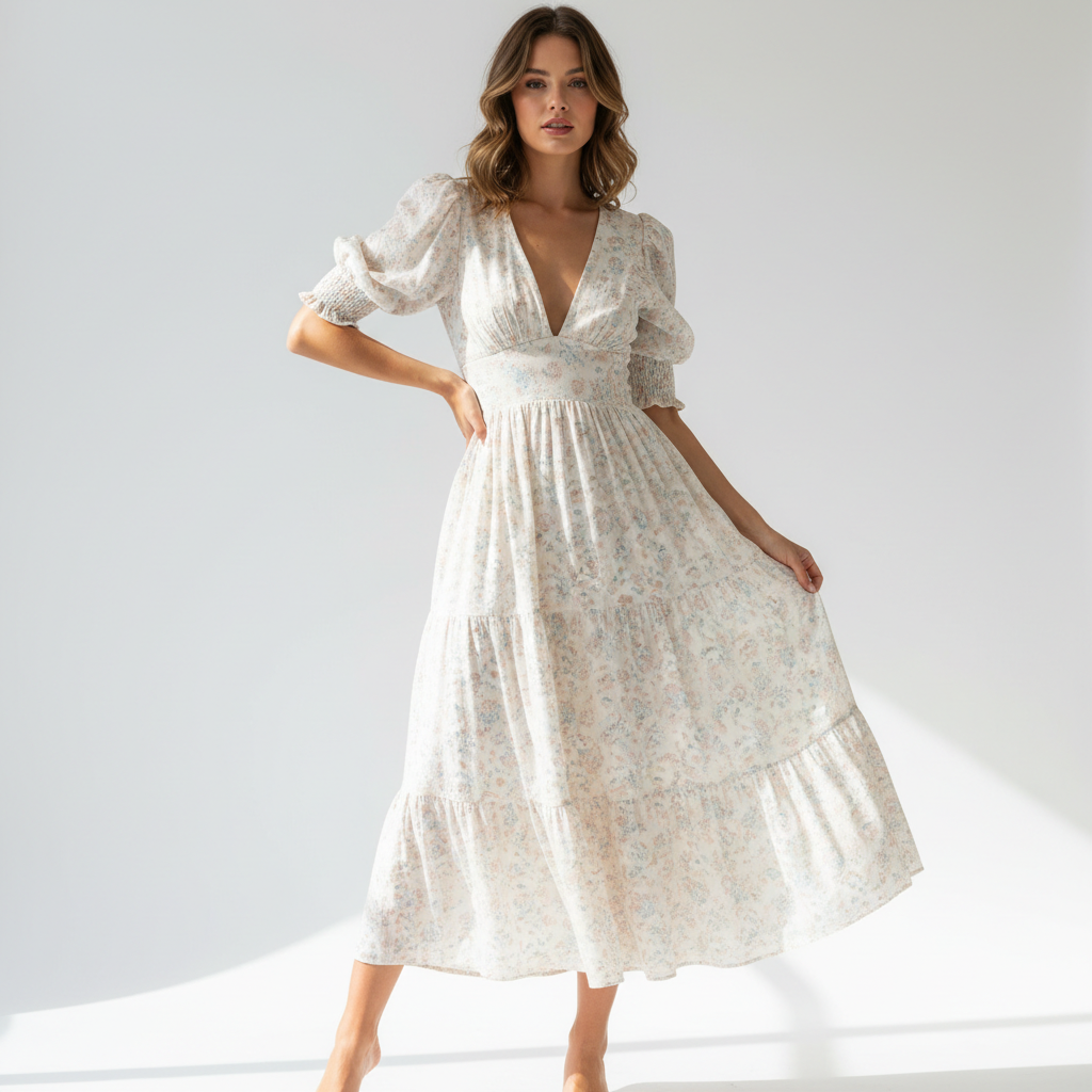 V-Neck Smock Midi Dress