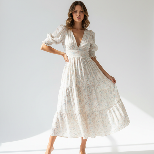 V-Neck Smock Midi Dress